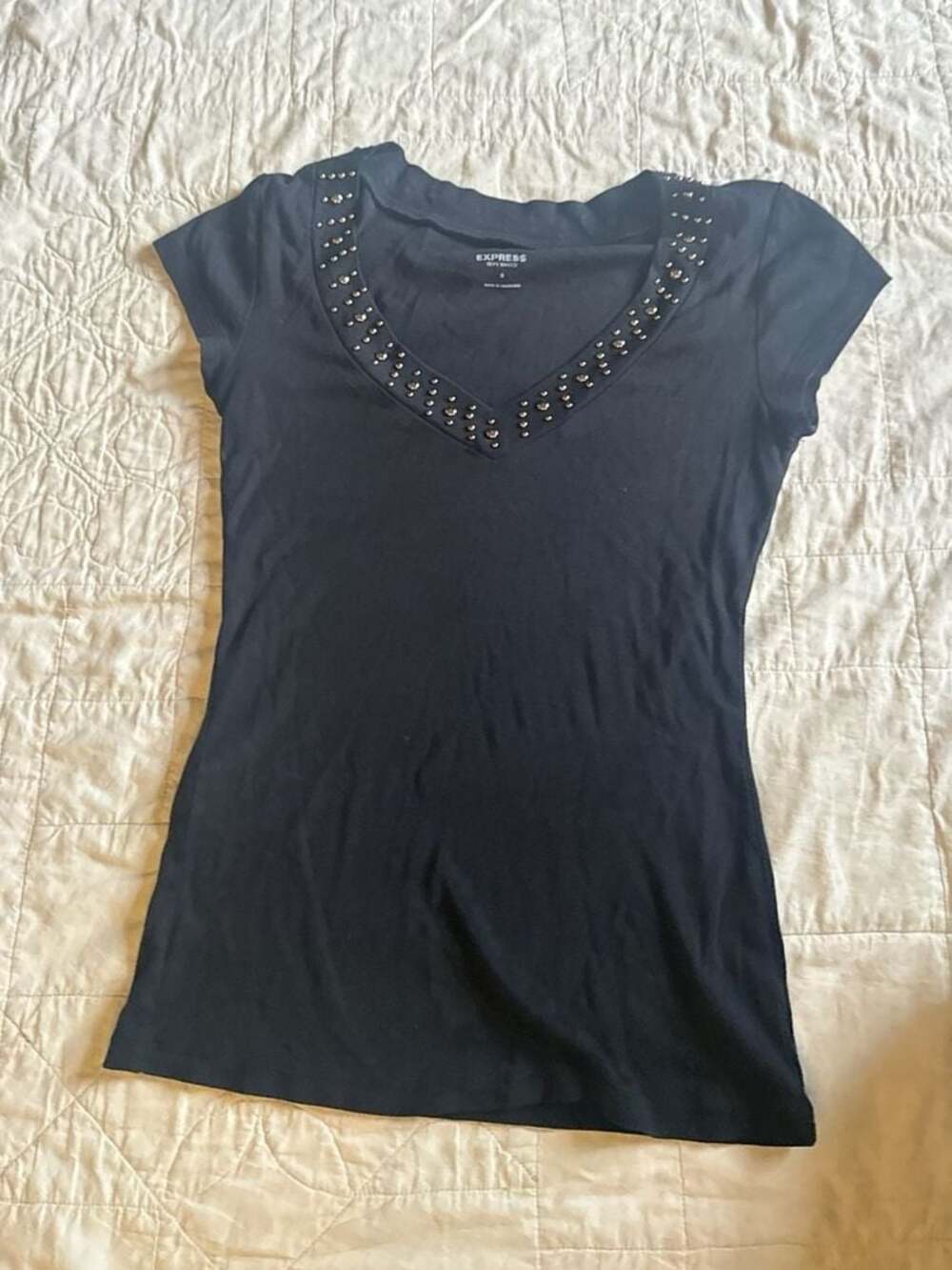 Express Sexy Basics Small Black Studded V-Neck Cap Sleeve Top